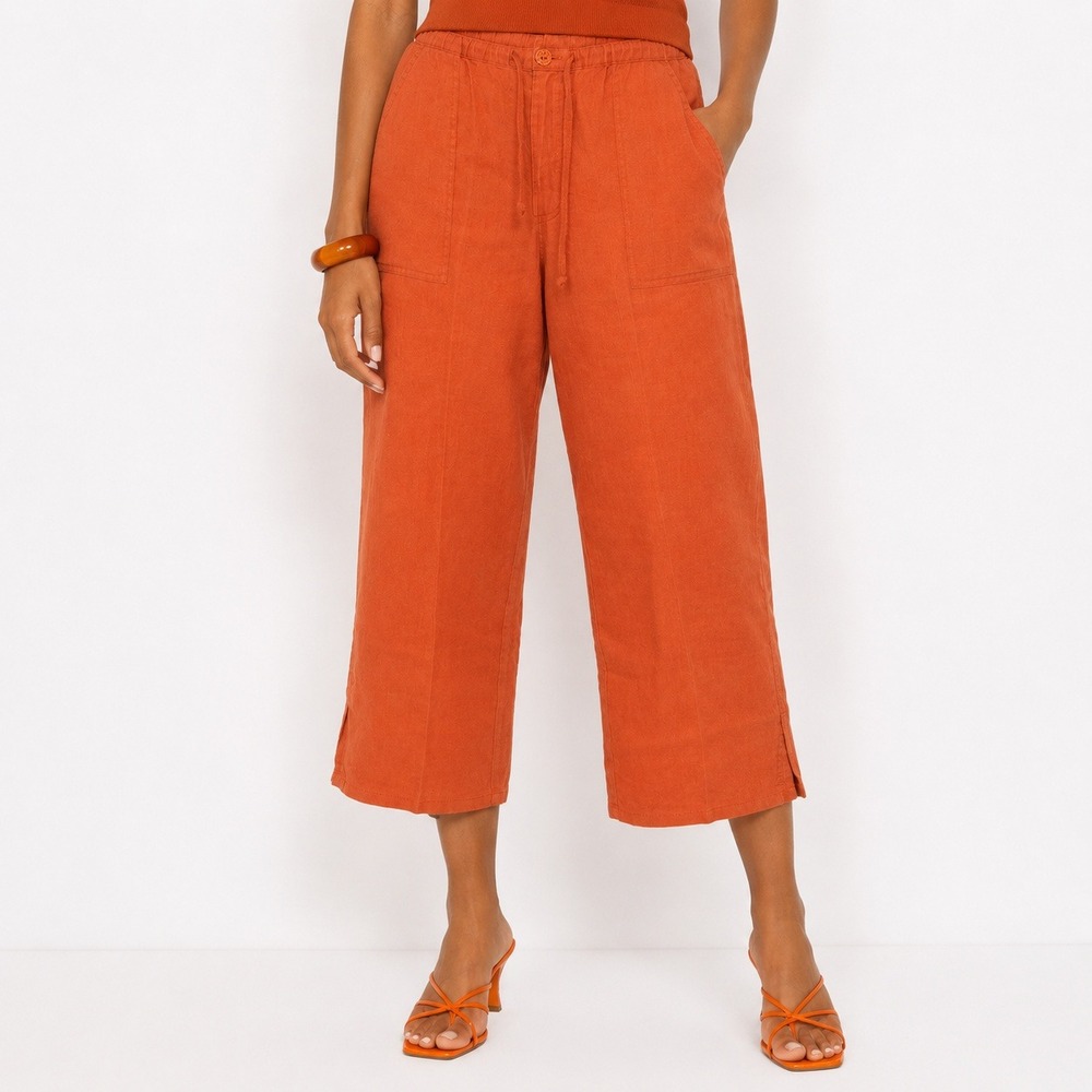 Vintage Eddie Bauer Linen Pants Womens 12 Terra Cotta Orange Wide Leg Drawstring